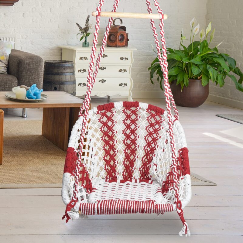 Halder Jute Regular Indoor Outdoor D Shape Hanging Swing Chair (Cotton, White Red, 150 * 65 * 72 cm) - Image 2